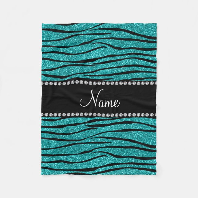 Cobertor De Velo Personalizar o nome turquoise glitter zebra stripe (Frente)