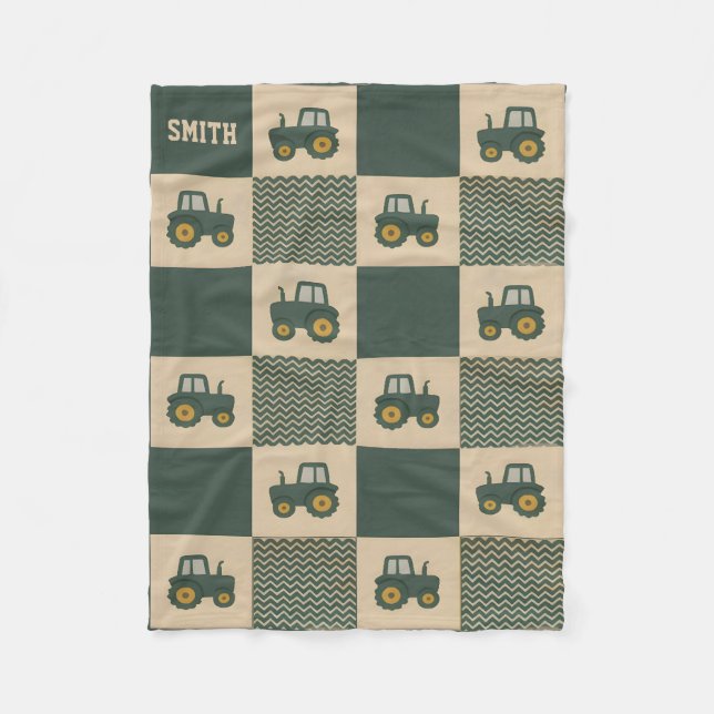 Cobertor De Velo Personalized Baby Name Cute Farm Green Tractor  (Frente)