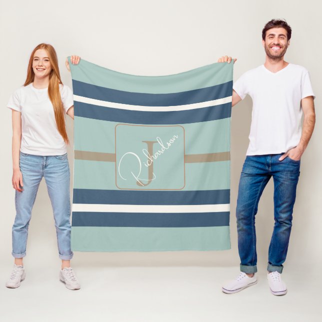 Cobertor De Velo Personalized Blue Mint Tan Stripe Monogram Coastal (In Situ)