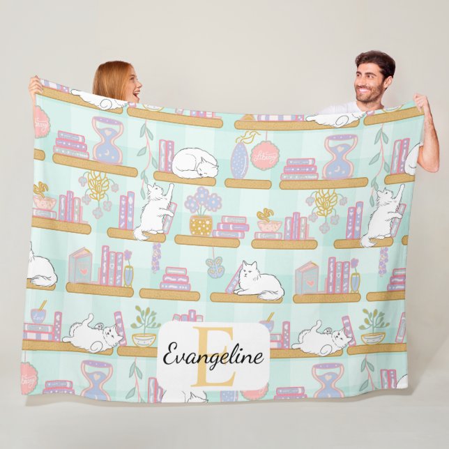 Cobertor De Velo Personalized Bookish Cat Gift Green Pastel Name (In Situ)