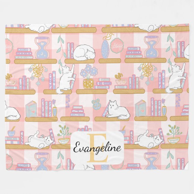 Cobertor De Velo Personalized Bookish Cat Gift Pink Pastel Name (Frente (Horizontal))