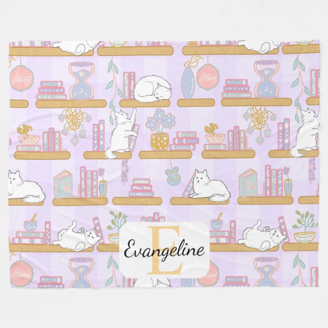 Cobertor De Velo Personalized Cats Library Purple Pastel Girly Book (Frente (Horizontal))