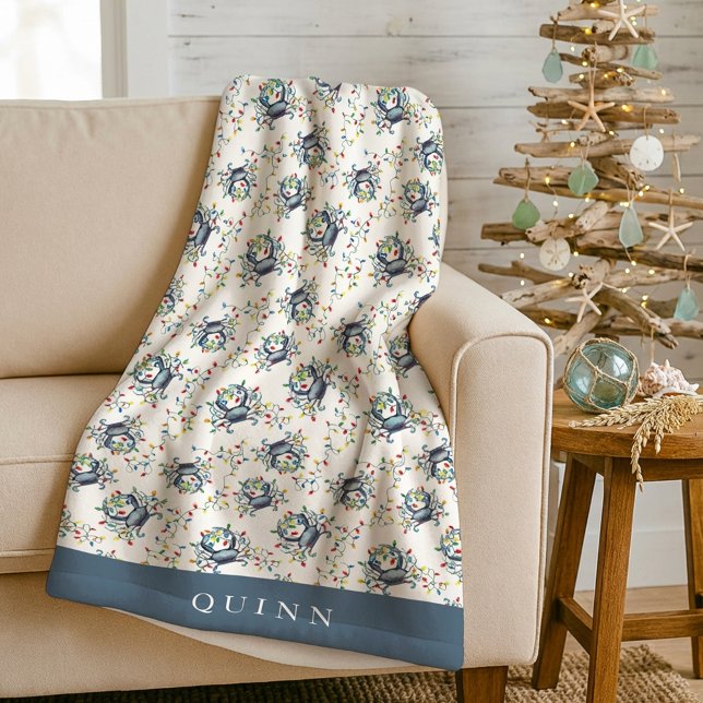 Cobertor De Velo Personalized Coastal Crab Christmas Lights Holiday (Criador carregado)