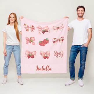 Cobertor De Velo Personalized Coquette Strawberry & Bow Fleece Bla