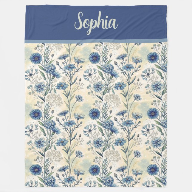 Cobertor De Velo Personalized Name Blue Wildflowers (Frente)