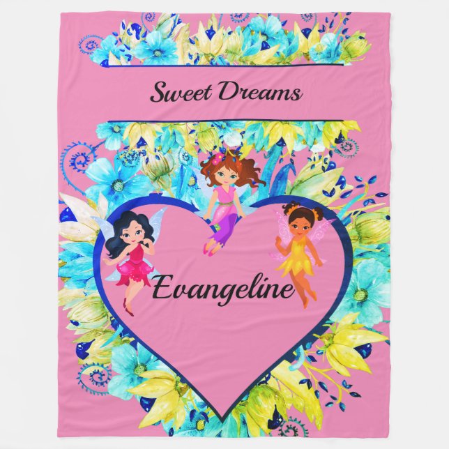Cobertor De Velo Personalized name Heart and Fairies (Frente)