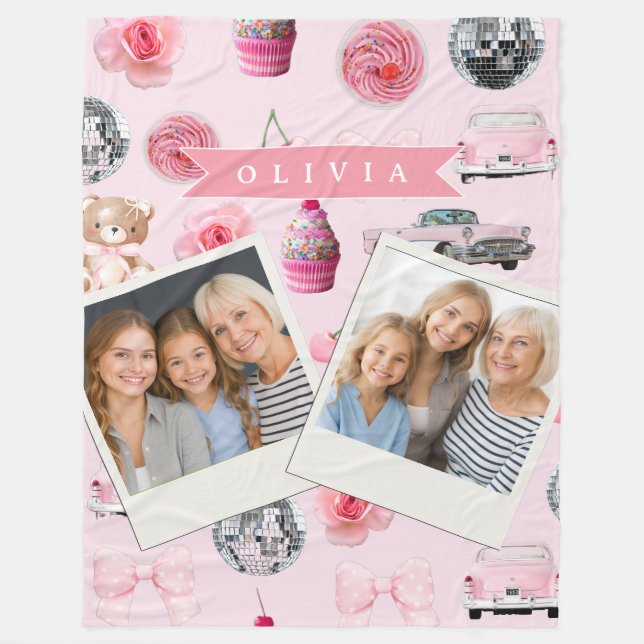 Cobertor De Velo Personalized Pink Coquette Retro Cute Teddy Bear  (Frente)