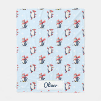 Cobertor De Velo Personalized Winter Penguin Boys Fleece Blanket
