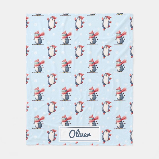Cobertor De Velo Personalized Winter Penguin Boys Fleece Blanket (Frente)