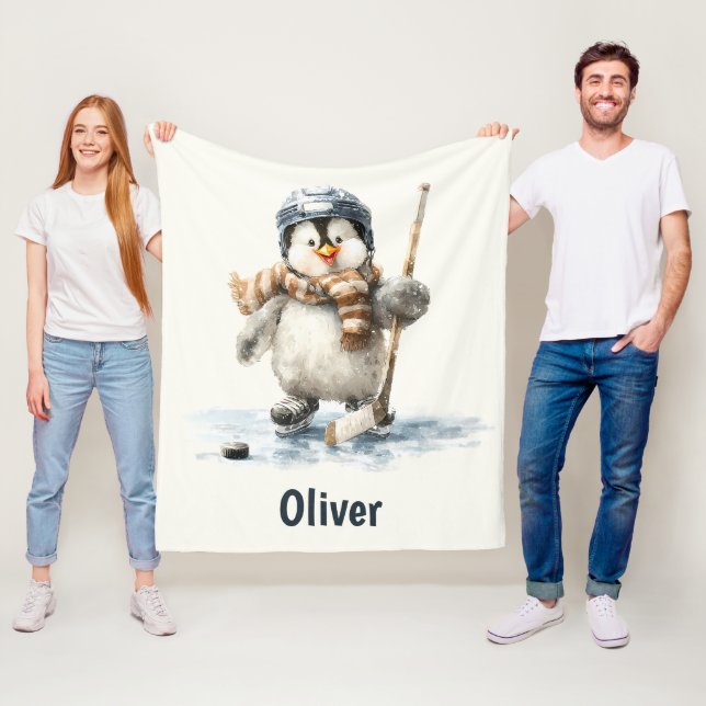 Cobertor De Velo Personalized Winter Penguin Hockey Kid (In Situ)