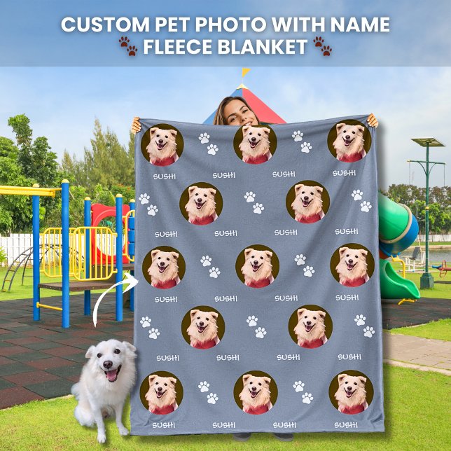 Cobertor De Velo Pet Name Paw Imprime Cinza Folha Folha (Your Dogs Photo and Name Custom Pet Photo Personalized Name Collage Fleece Blanket Dog Lovers)