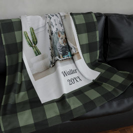 Cobertor De Velo Pet Photo Green Black Buffalo Check Fleece Blanket