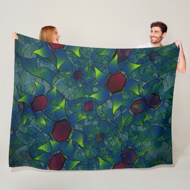 Cobertor De Velo pétalas virtuais azuis, folhas e hexágono vermelho (In Situ)