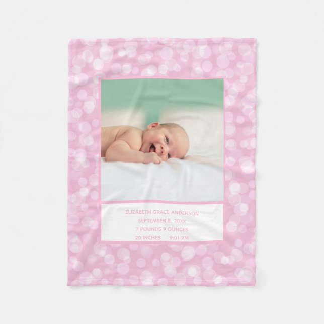 Cobertor De Velo Photo Birth Stats Pink White Gift for Baby Girl (Frente)