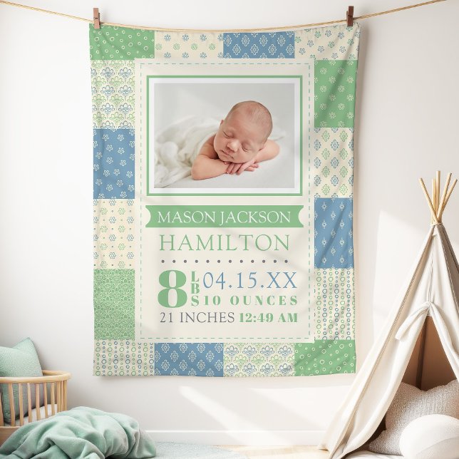 Cobertor De Velo Photo Stats Baby (Baby Boy Birth Stats Photo Quilt Baby Fleece Blanket)