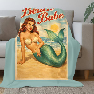 Cobertor De Velo Pin-Up Sereia Arte de Bela Praia Azul Turquesa C