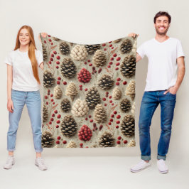 Cobertor De Velo Pinecones e Berries Vermelhos