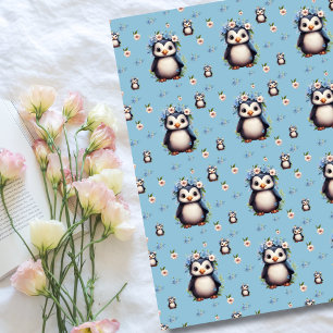 Cobertor De Velo Pinguins de primavera Watercolor com flores em azu