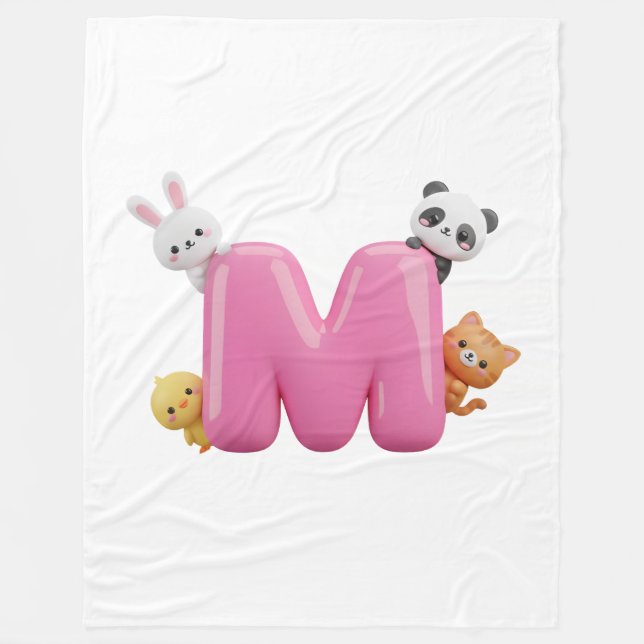 Cobertor De Velo Pink 3D Letter M Fleece Throw Blanket with Animals (Frente)
