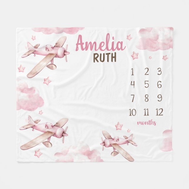 Cobertor De Velo PINK AVIÃO MILESTONE Blanket, Bebê Personalizado (Frente (Horizontal))