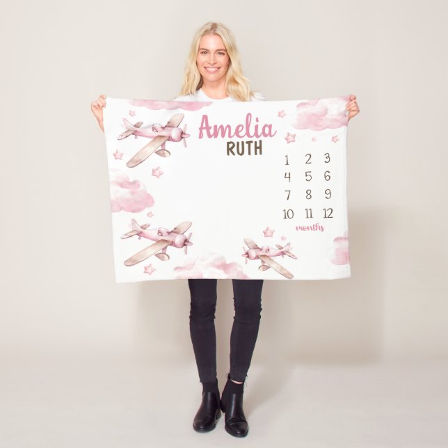 Cobertor De Velo PINK AVIÃO MILESTONE Blanket, Bebê Personalizado (In Situ)
