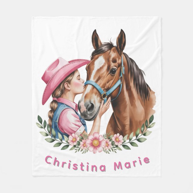 Cobertor De Velo Pink Cowgirl Kissing a Horse Birthday Party  (Frente)