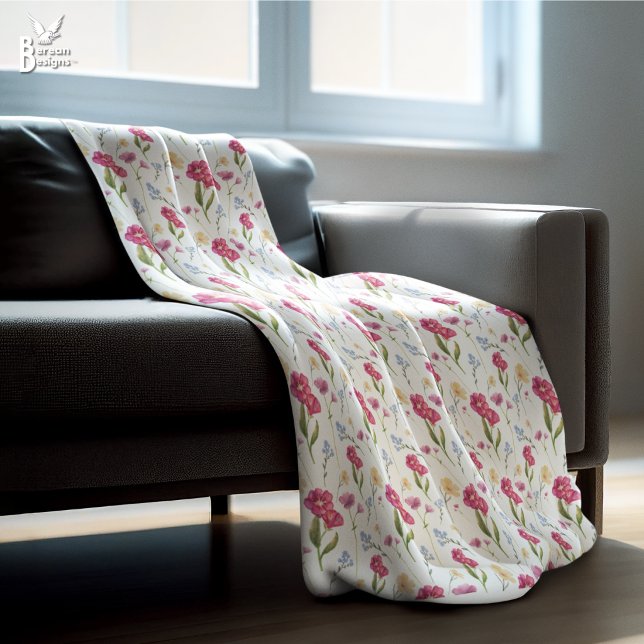 Cobertor De Velo Pink Floral Watercolor Wildflower (Pretty pink floral watercolor wildflower fleece blanket. Matching home decor available.)