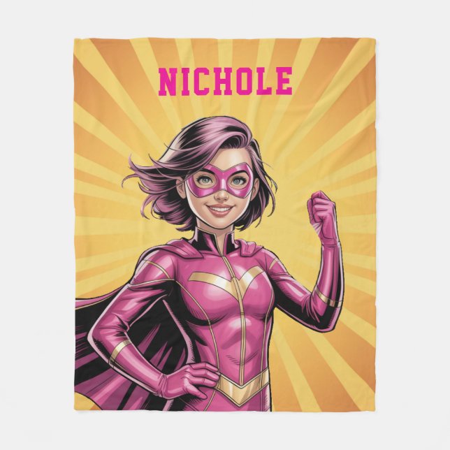 Cobertor De Velo Pink Girl Superhero Birthday Party  (Frente)