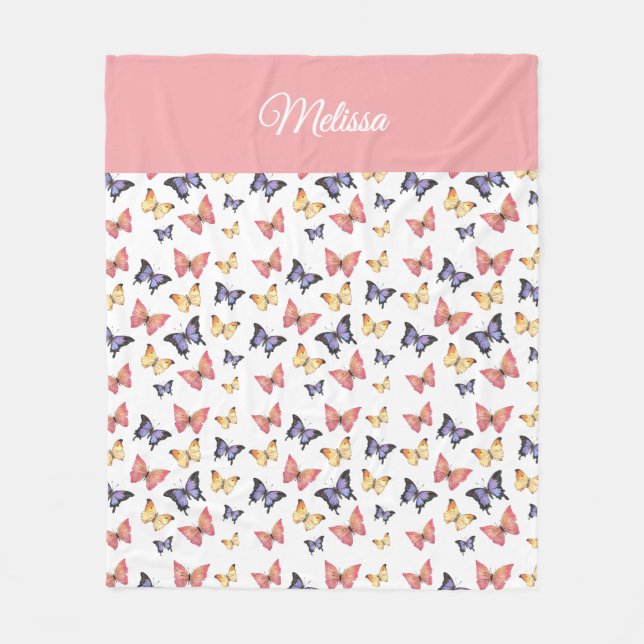 Cobertor De Velo Pink Purple Butterflies Monogram Name (Frente)