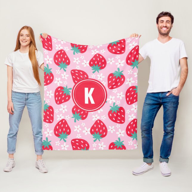Cobertor De Velo Pink Red Strawberries Floral  Pattern Monogram (In Situ)