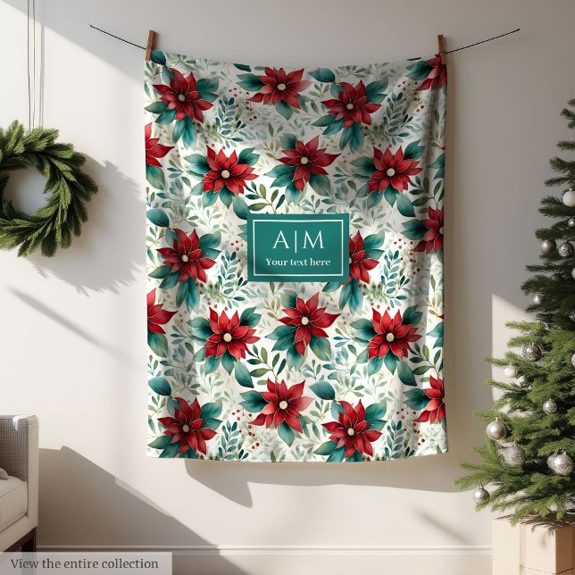Cobertor De Velo Pinsettia vermelha, cor-de-água, pastel verde (Watercolor deep red poinsettia pastel green custom fleece blanket)
