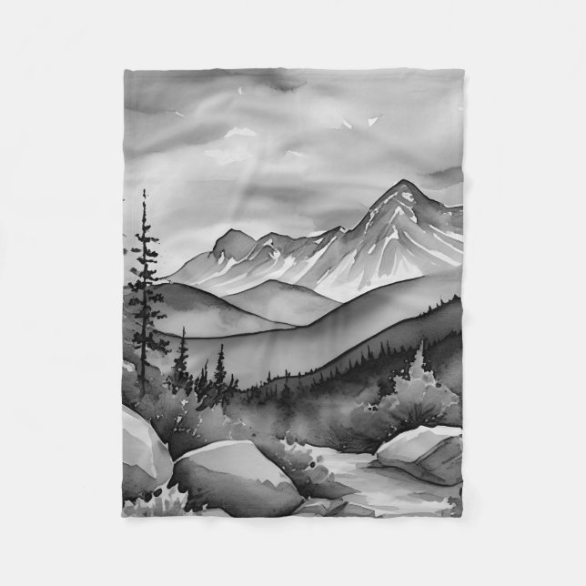Cobertor De Velo Pintura da paisagem branca e preta de montanhas (Frente)