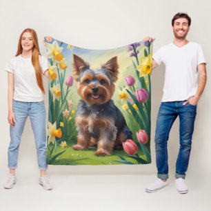 Cobertor De Velo Pintura das flores de cachorro de Yorkshire Terrie