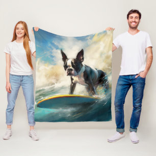 Cobertor De Velo Pintura de Boston Terrier Surfando na Praia