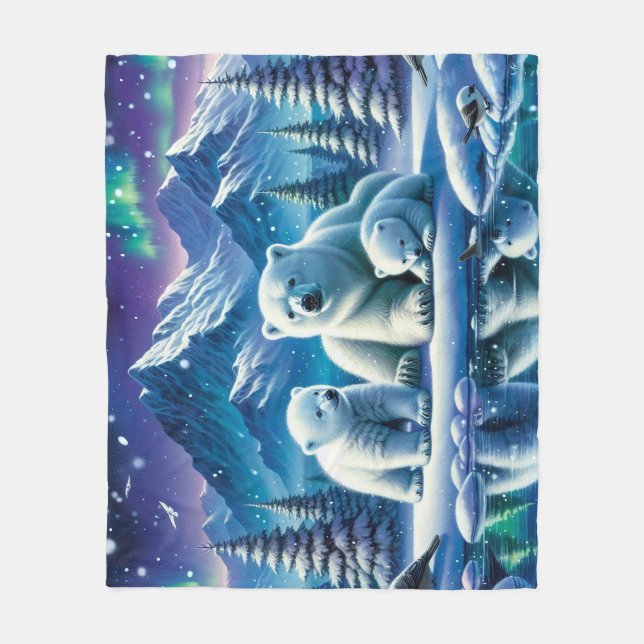 Cobertor De Velo Pintura de Cena Neve da Família Polar Bear (Frente)