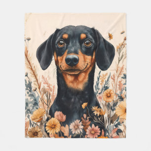 Cobertor De Velo Pintura de Dachshund Fofo com Flores Silvestres
