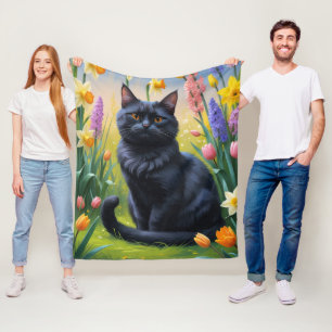 Cobertor De Velo Pintura de Flores da Primavera do Gato Preto