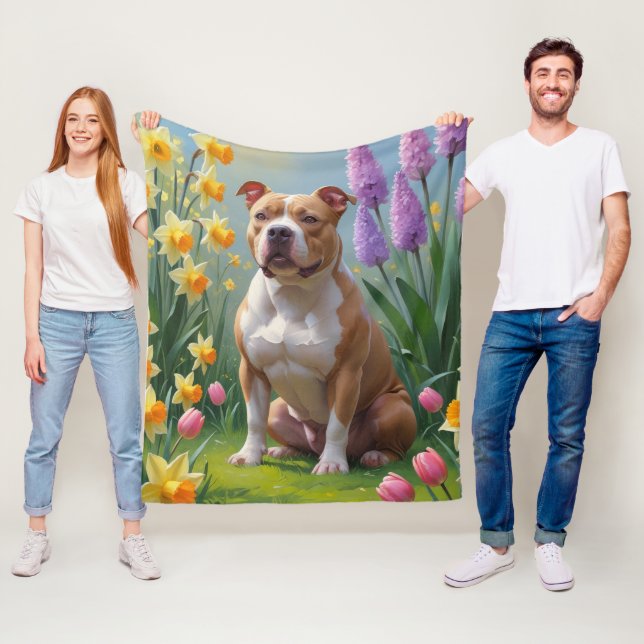 Cobertor De Velo Pintura de Flores de Primavera com Cachorro Pitbul (In Situ)