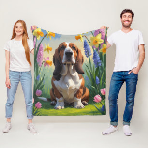 Cobertor De Velo Pintura de flores de primavera do cão Basset Hound