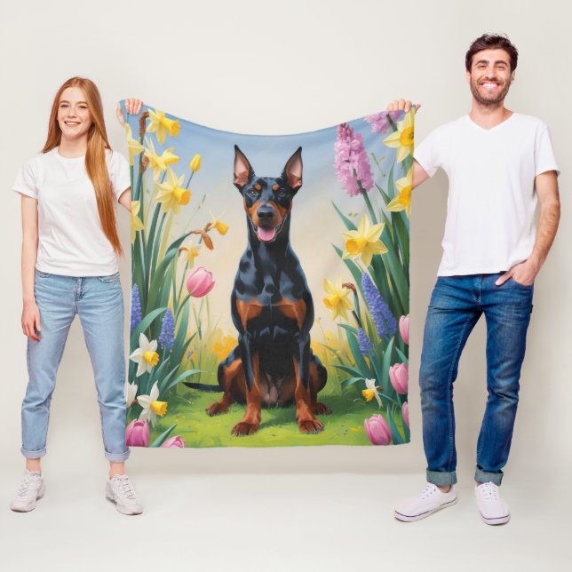 Cobertor De Velo Pintura de Flores de Primavera do Cão Doberman (In Situ)