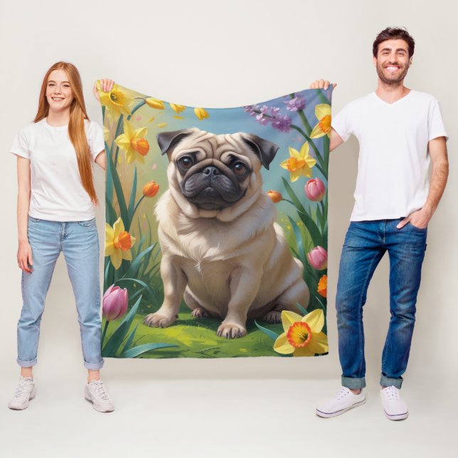 Cobertor De Velo Pintura de Flores de Primavera do Cão Pug (In Situ)