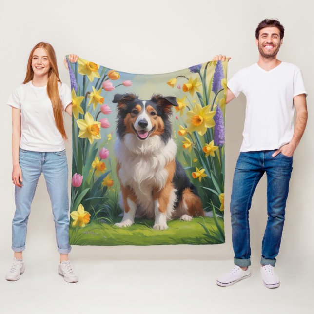 Cobertor De Velo Pintura de Flores de Primavera do Cão Rough Collie (In Situ)