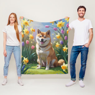 Cobertor De Velo Pintura de Flores de Primavera do Cão Shiba Inu