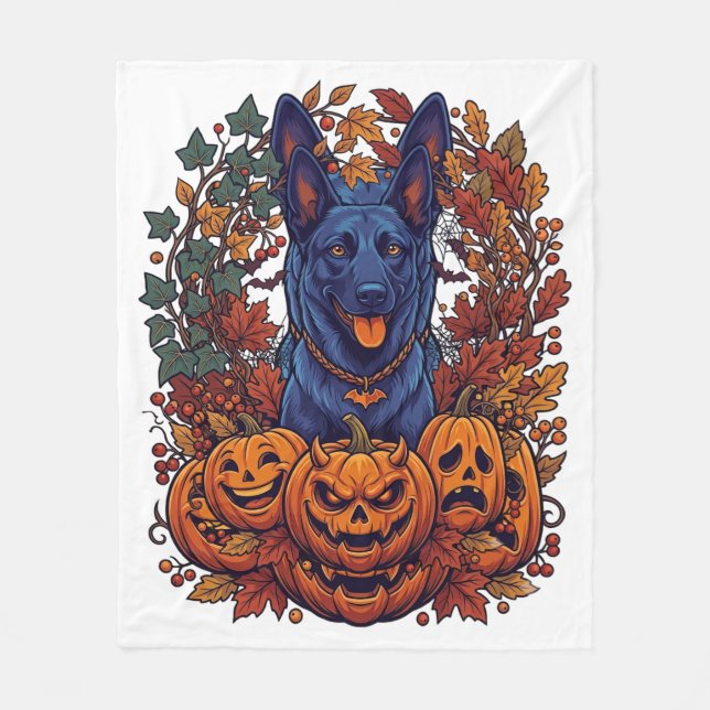 Cobertor De Velo Pitbull Azul Abóboras de Halloween Folhas de Outon (Frente)