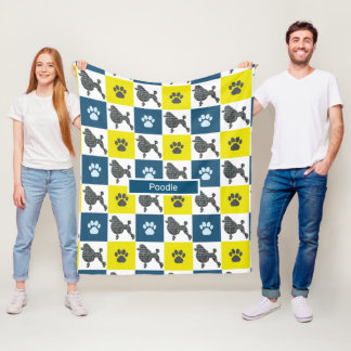 Cobertor De Velo Poodle Dog & Paw Print Yellow Grid Silhouette
