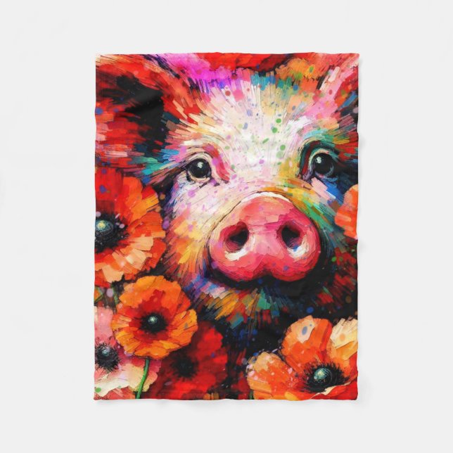 Cobertor De Velo Porco Impressionista em Flores Vermelhas (Frente)