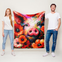 Porco Impressionista em Flores Vermelhas