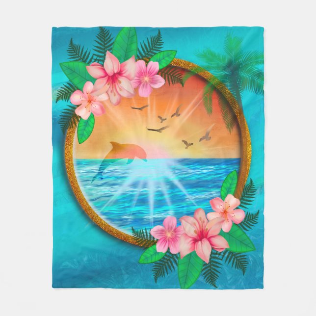 Cobertor De Velo Praia de Verão Pássaros oceânicos voam no céu e mi (Frente)