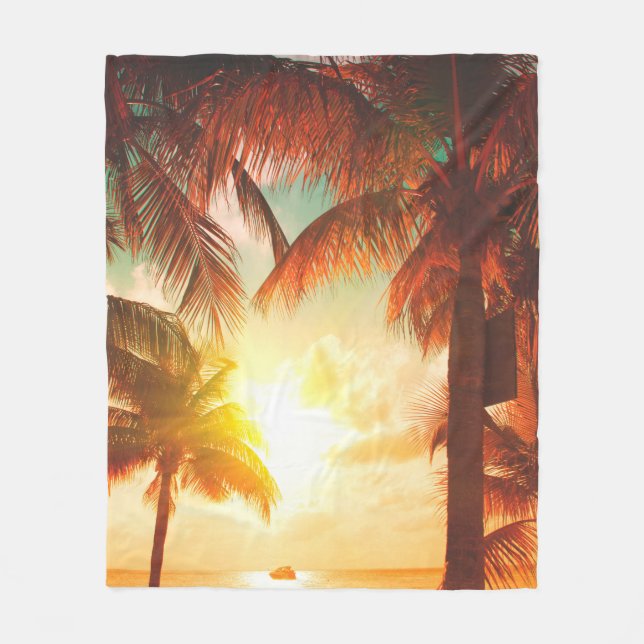 Cobertor De Velo Praia sunset com palmeiras e belas planícies do cé (Frente)