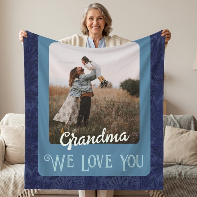 Cobertor De Velo Presente Avó Texto Foto Personalizado Chic Azul (Chic Personalized Photo Text Grandma Gift Blue Fleece Blanket)